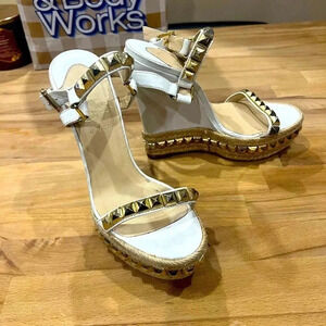 Christian Louboutin White Leather Studded Cataclou Espadrille Wedge Sandals sz37